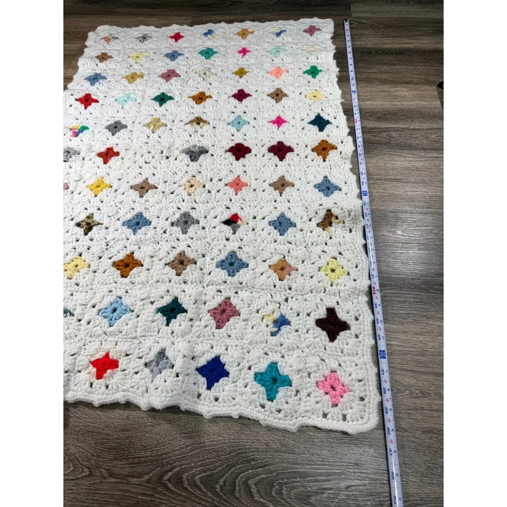Vintage Handmade Crochet Granny Square Baby Blanket White Multi Color Boho Throw